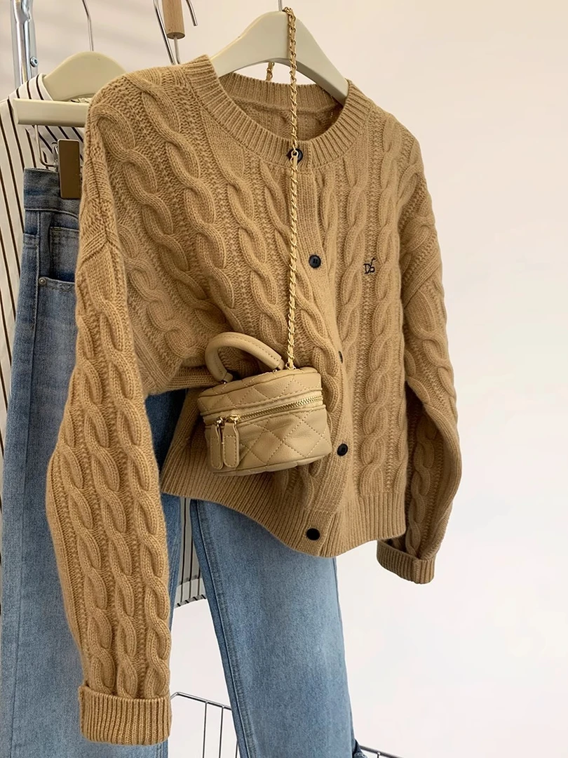 美拉德麻花刺绣针织开衫女2025秋冬新款气质百搭休闲毛衣外套女