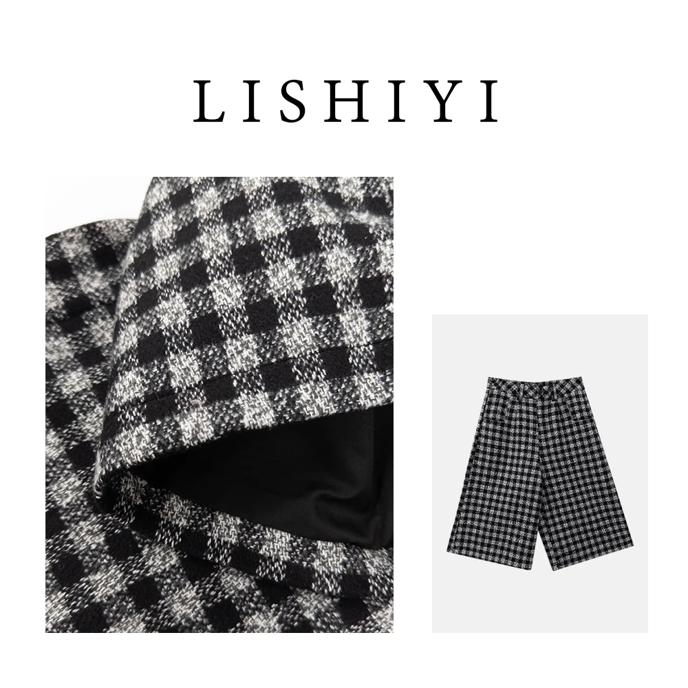 【加州街头】复古格子撞色搭配设计小众高腰毛呢八分休闲裤20197