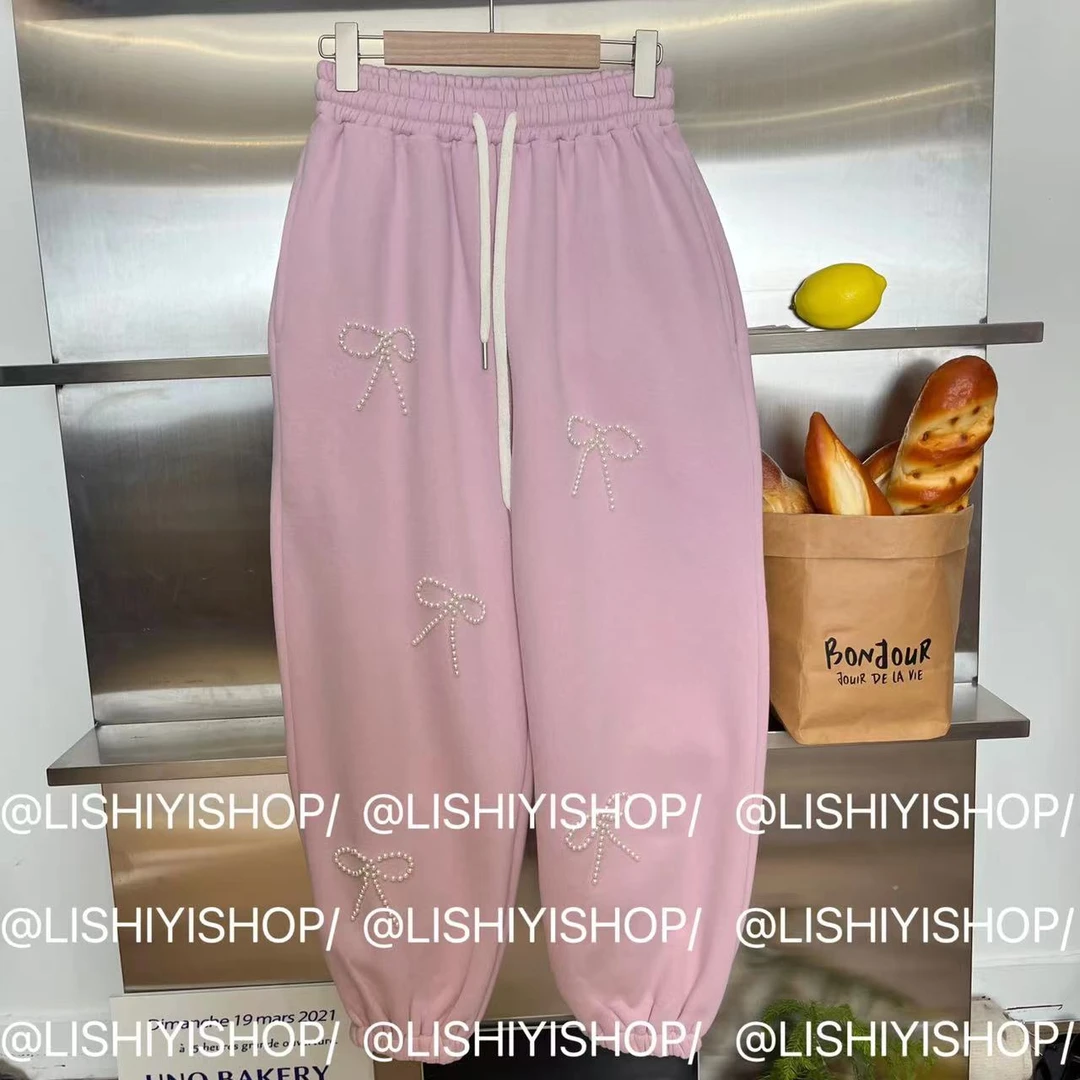 LYA041 【花样女孩】珠珠蝴蝶结宽松休闲卫裤（加绒）