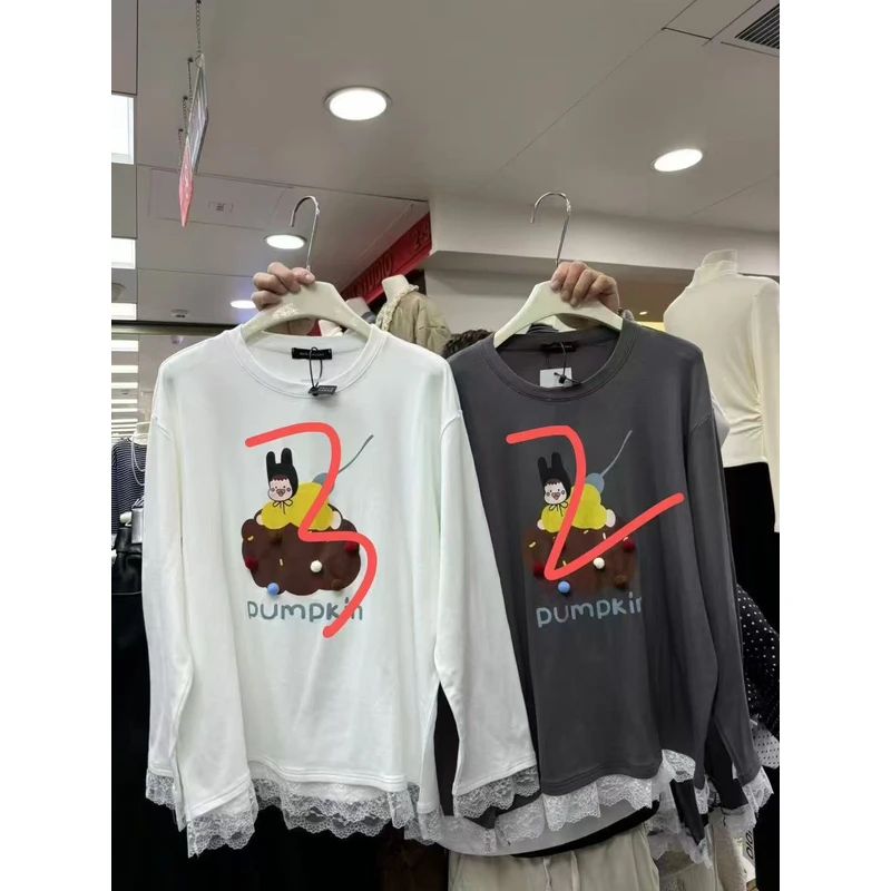 【勤劳小蜜蜂】圆领字母卡通图案拼接蕾丝花边薄绒长袖T恤上衣92