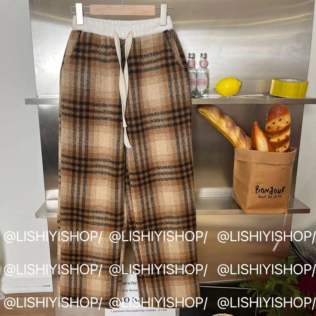 【美式格子】高腰抽绳格子毛呢休闲直筒裤（加绒）2802