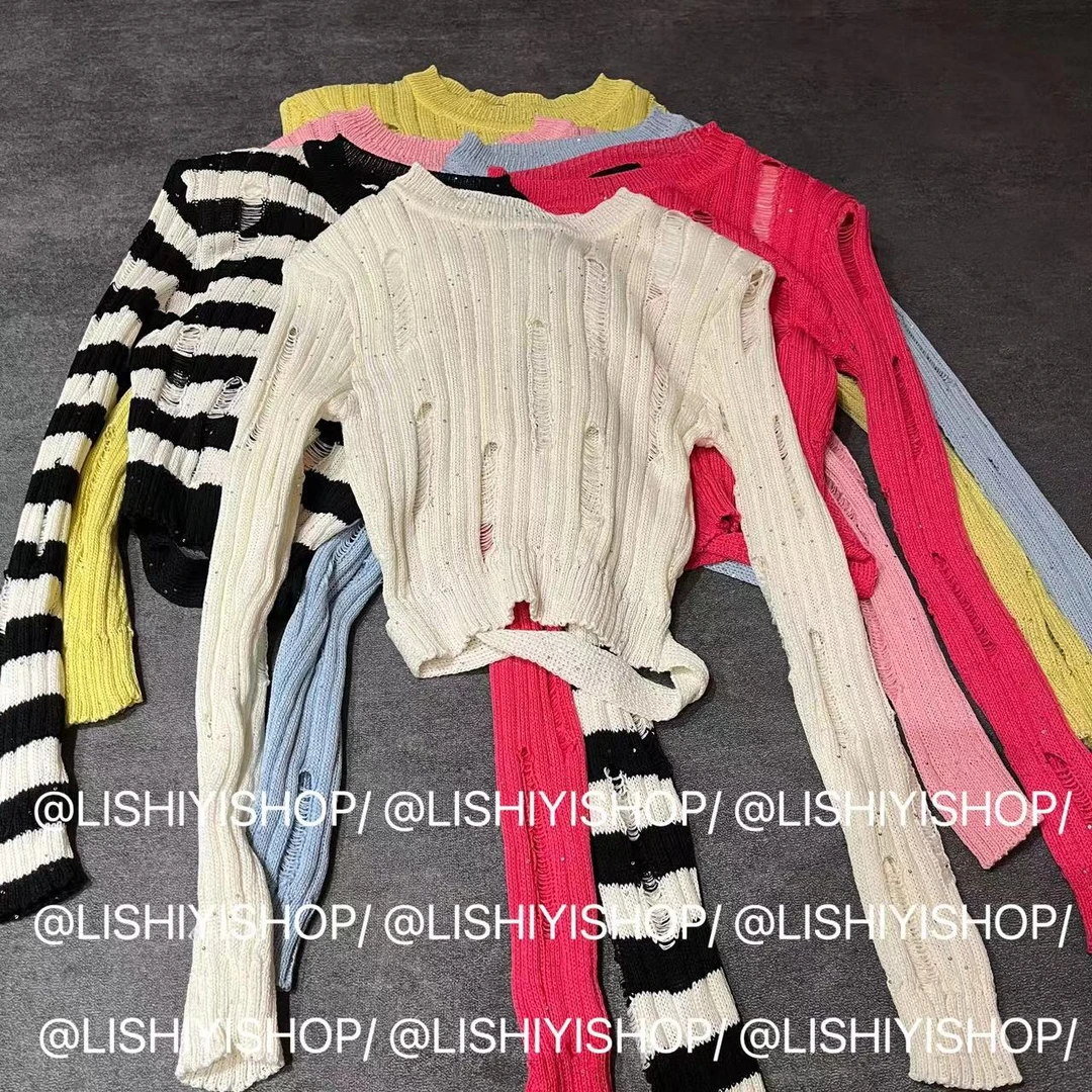 【亮片】圆领针织破洞露背长袖打底上衣（有垫肩）★1789