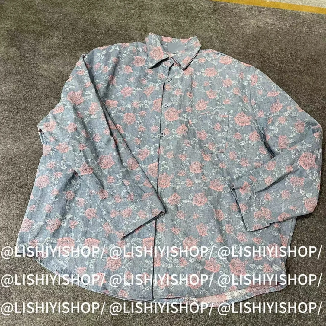 【港风百搭】宽松慵懒设计感牛仔玫瑰印花衬衫★77161