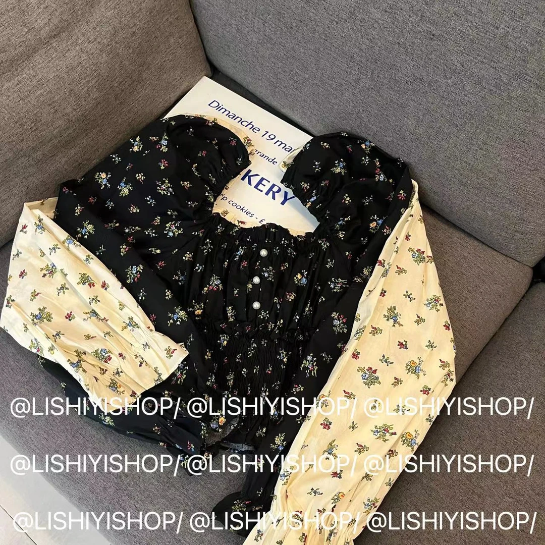 【花悦诗风】法式碎花方领长袖纯欲辣妹短款上衣★3303