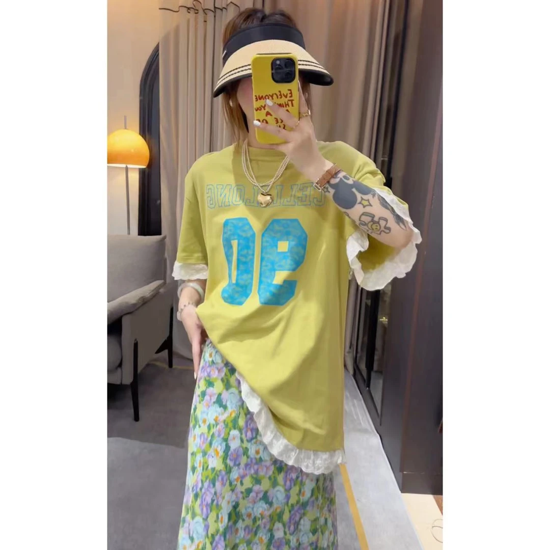 【印象派】字母印花蕾丝边宽松大版T恤上衣  有垫肩★W-9645