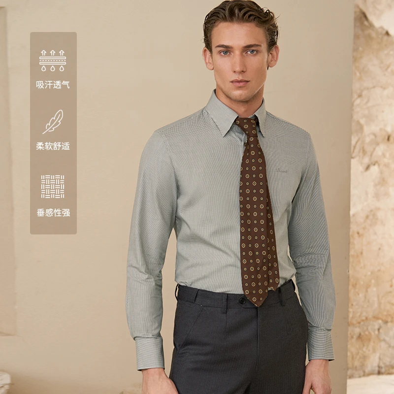 澳嘉男士千鸟格长袖衬衫男款高级感衬衣秋冬厚款男衬衫秋冬