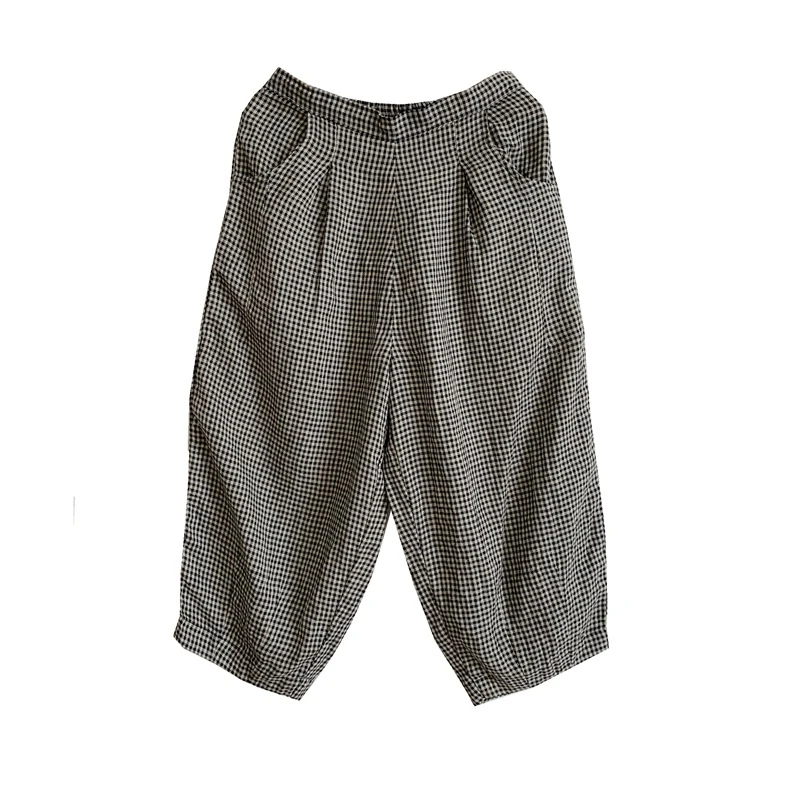 BRCP/布然初品2410亚麻千鸟格八分裤女时尚百搭休闲夏季通勤女裤