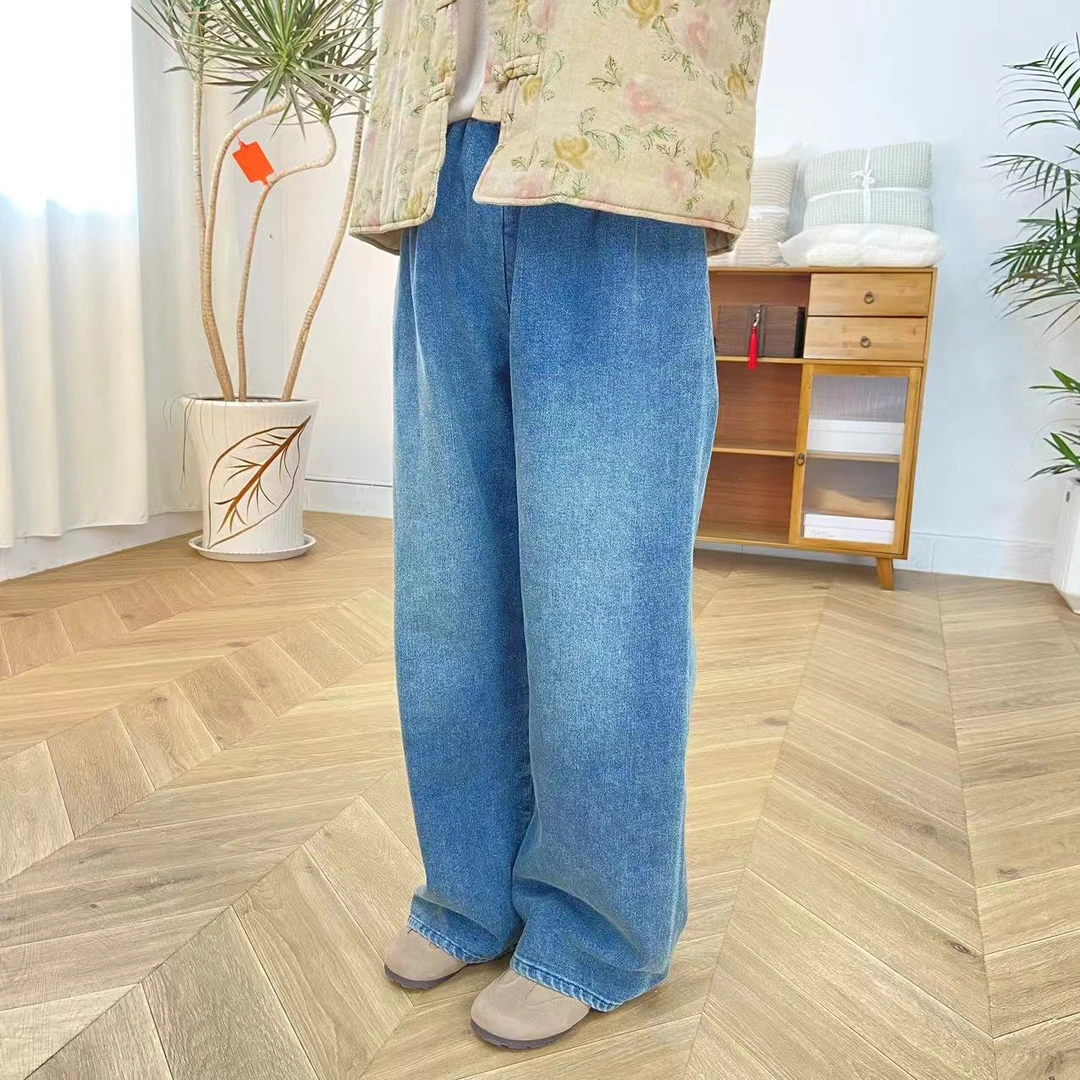 BRCP/布然初品牛仔直筒阔腿裤高腰S2458宽松水洗时尚休闲裤韩版