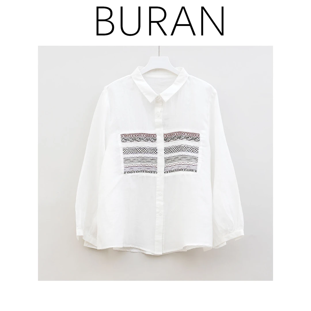 BRCP/布然初品8001民族风撞色条纹复古原创文艺设计苎麻衬衫衬衣