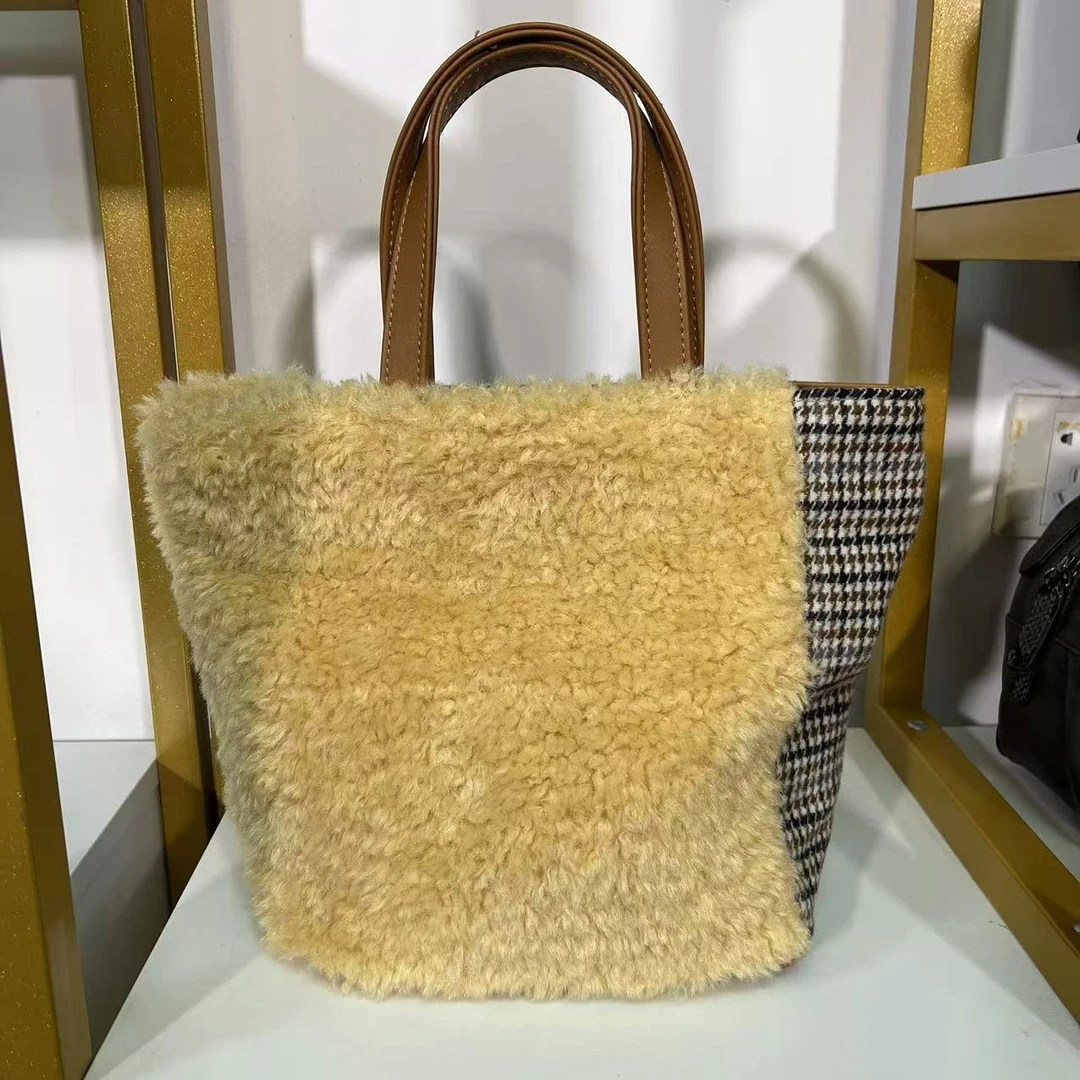 日系精纺格子拼接毛绒手提包双面手提包包
