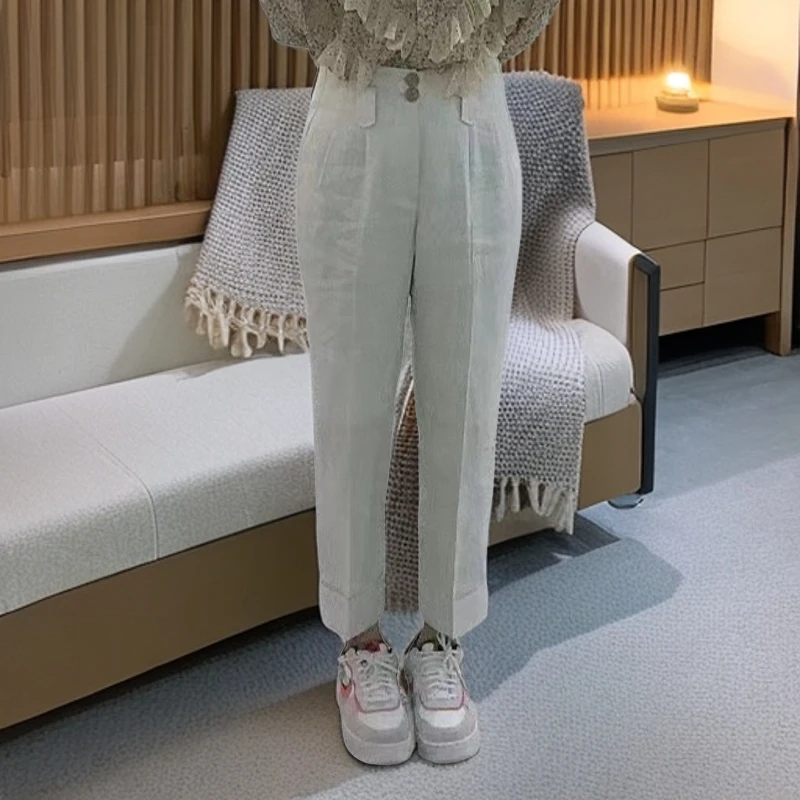 韩单亚麻挽腿九分裤休闲裤白色气质夏季