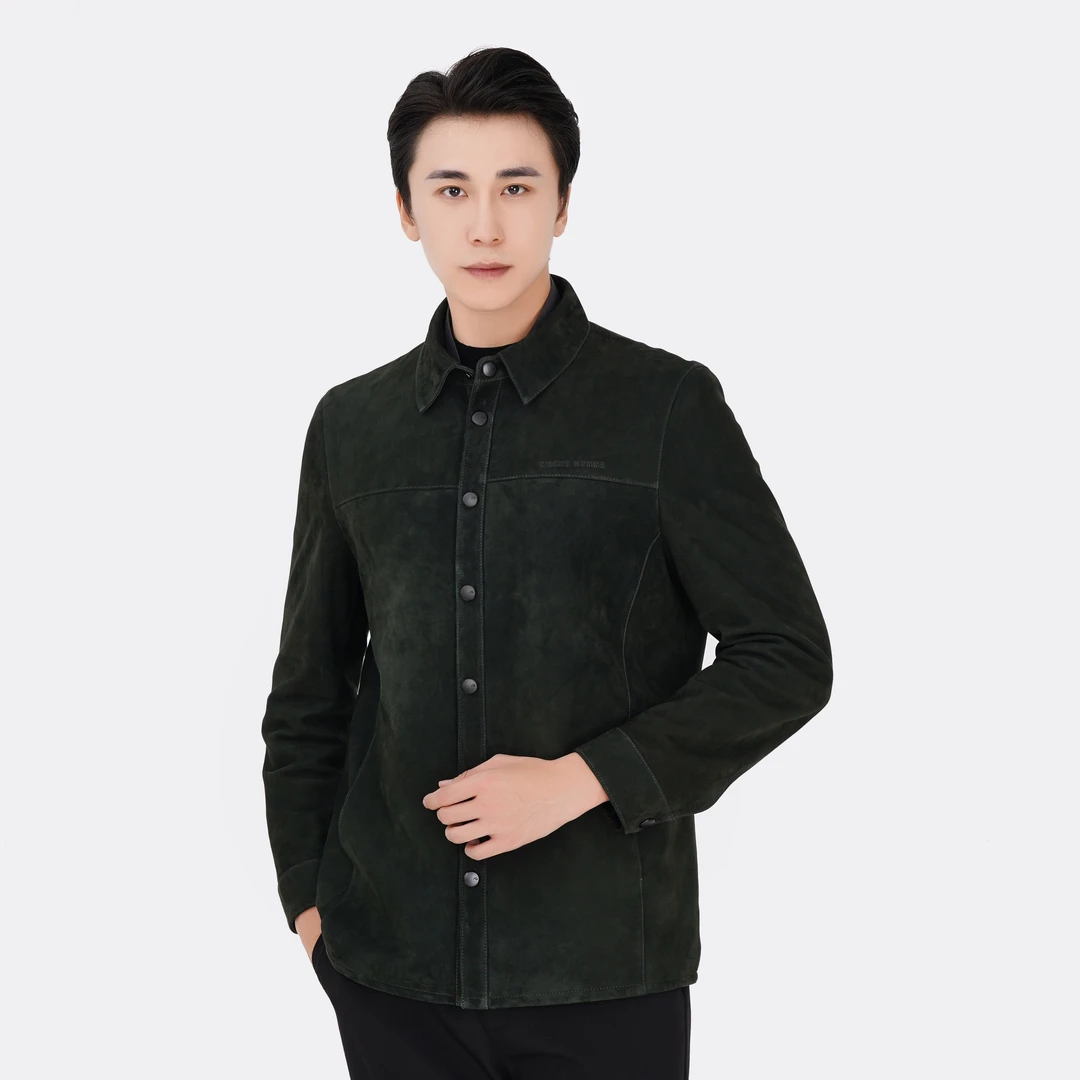衬衫风早秋真皮男士外套绵羊皮反绒工艺翻领舒适极简风商务皮衣