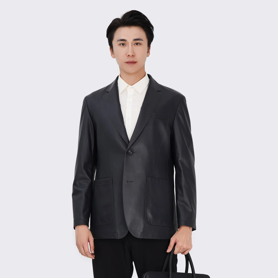 秋季西装真皮皮夹克短款绵羊皮薄款男士高档西服皮衣时尚商务外套