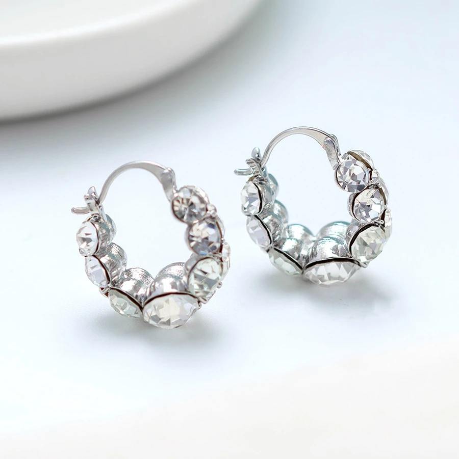 铜合金合成锆石耳饰 简约银色满钻圆圈耳扣韩版轻奢时尚气质耳环