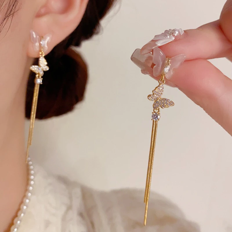 铜合金耳饰 轻奢时尚超仙锆石蝴蝶长款流苏耳钉