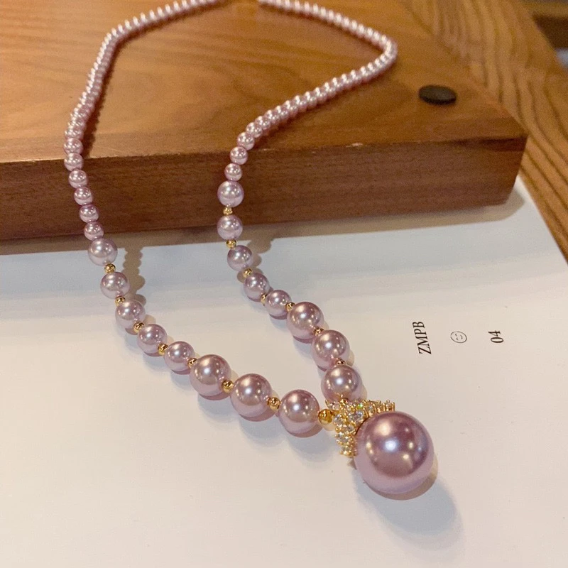 铜合金仿珍珠项链 紫色珠珠项链秋冬大气时尚毛衣链百搭毛衣吊坠