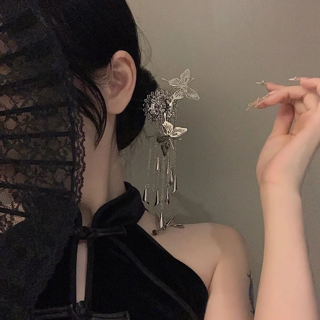 新中式蝴蝶发簪女金属发叉簪子饰后脑勺u型古风高级感发钗流苏
