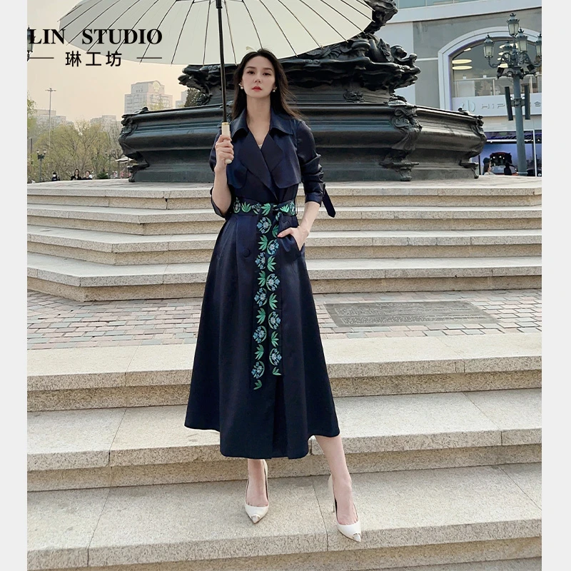 【含刺绣飘带】琳工坊彤露刺绣深蓝色风衣外套时尚老钱风唐琳设计