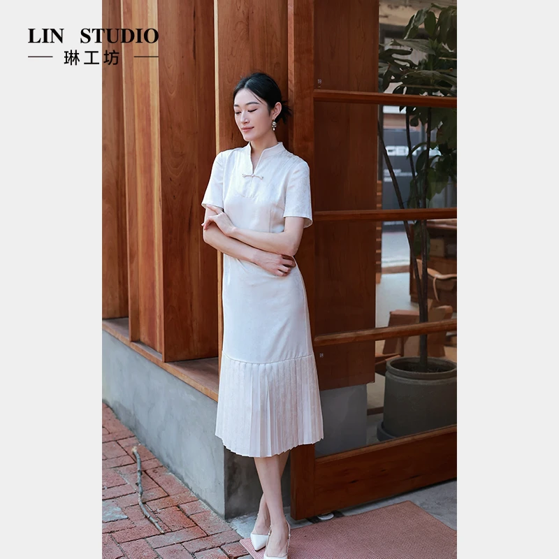 琳工坊遥笙白色连衣裙新中式复古时尚优雅大气温柔显瘦唐琳设计师