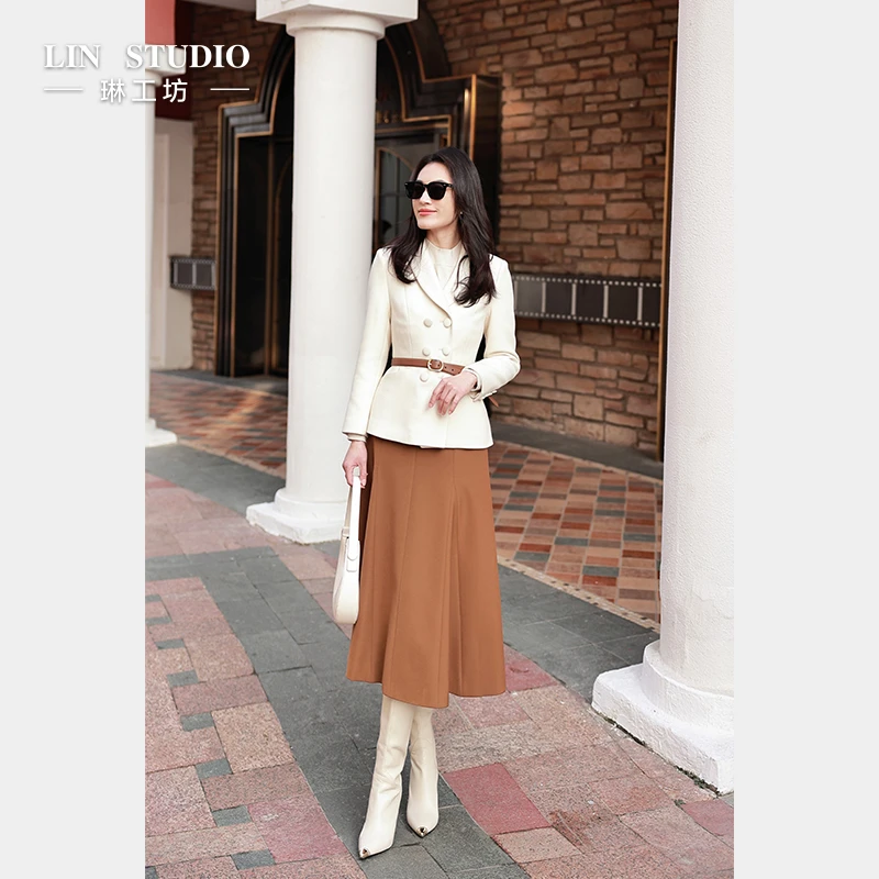 【绵羊毛 不含腰带】琳工坊风清奶白色西服气质时尚优雅唐琳设计师