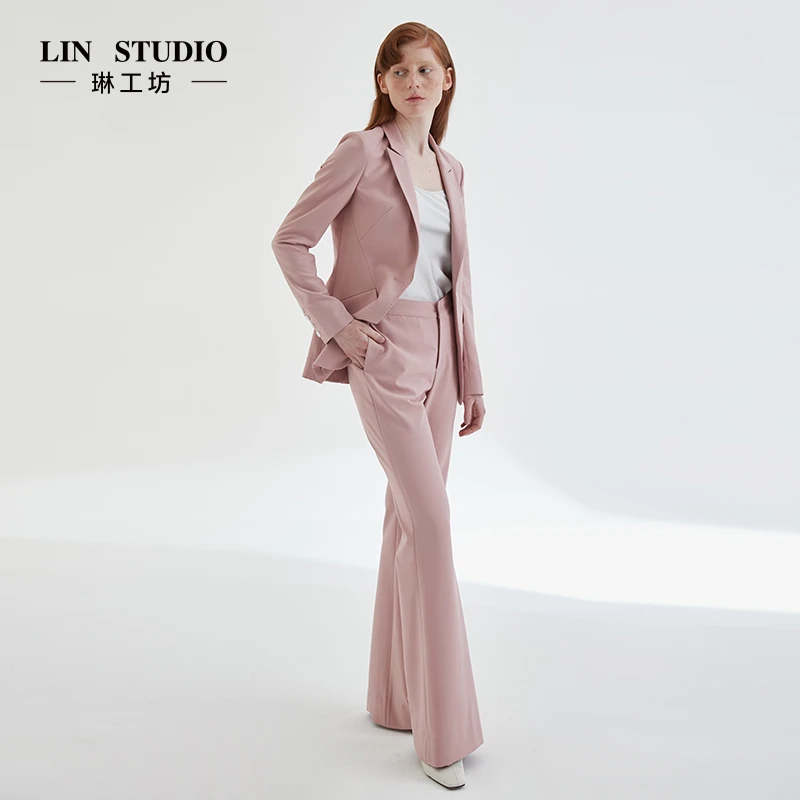 【裤子】琳工坊粉色戗驳领裤子气质时尚修身通勤唐琳设计师
