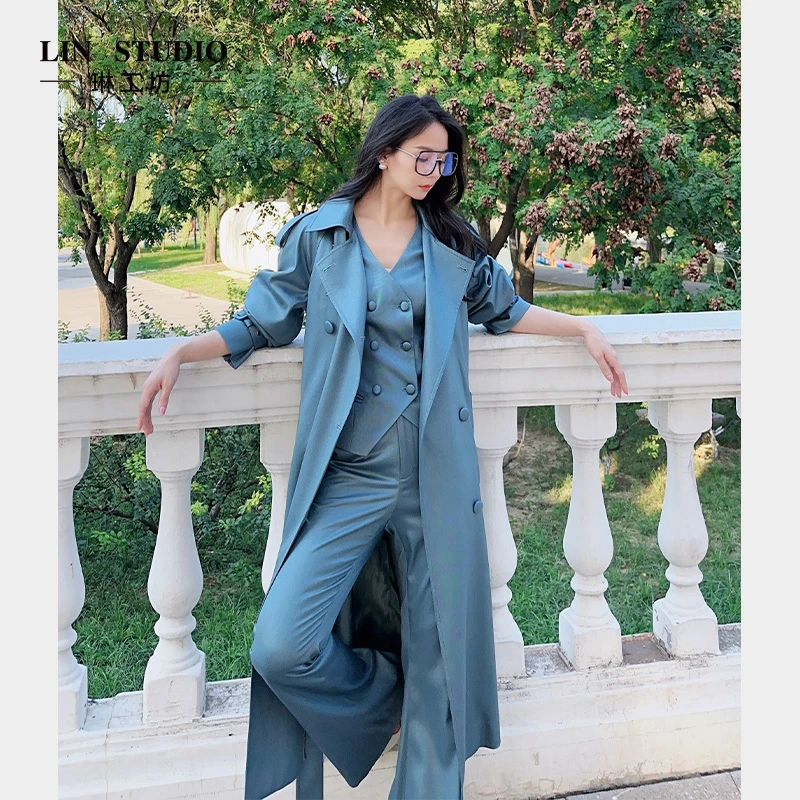 琳工坊阑玉蓝色风衣新款高端百搭简约优雅法式职场唐琳设计师