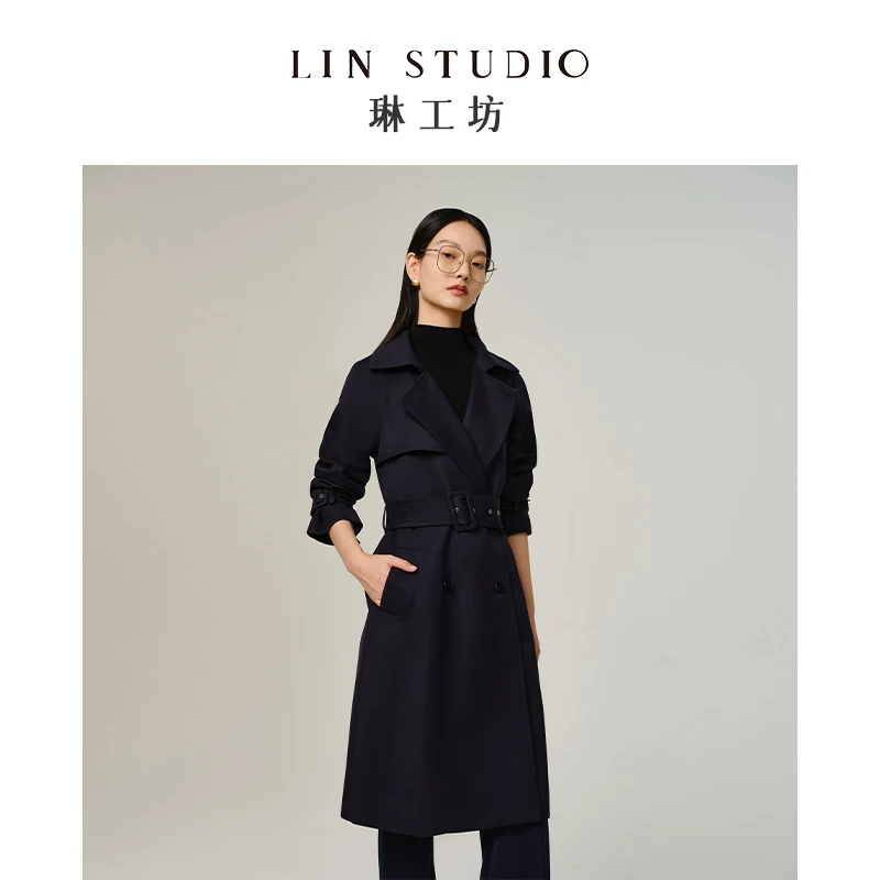 【绵羊毛 必须干洗】琳工坊兰烬藏蓝色风衣时尚气质优雅唐琳设计师