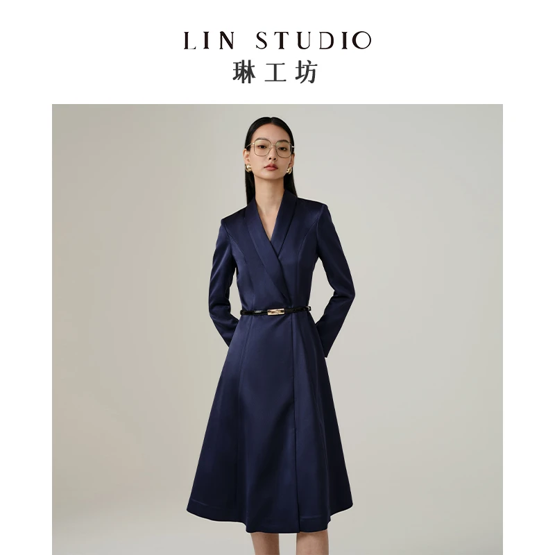 琳工坊兰桡藏蓝色长袖连衣裙高端时尚修身轻奢老钱风唐琳设计师