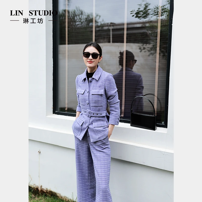 【外套 绵羊毛 领子可拆】琳工坊兰泽紫色西服外套气质优雅唐琳设计