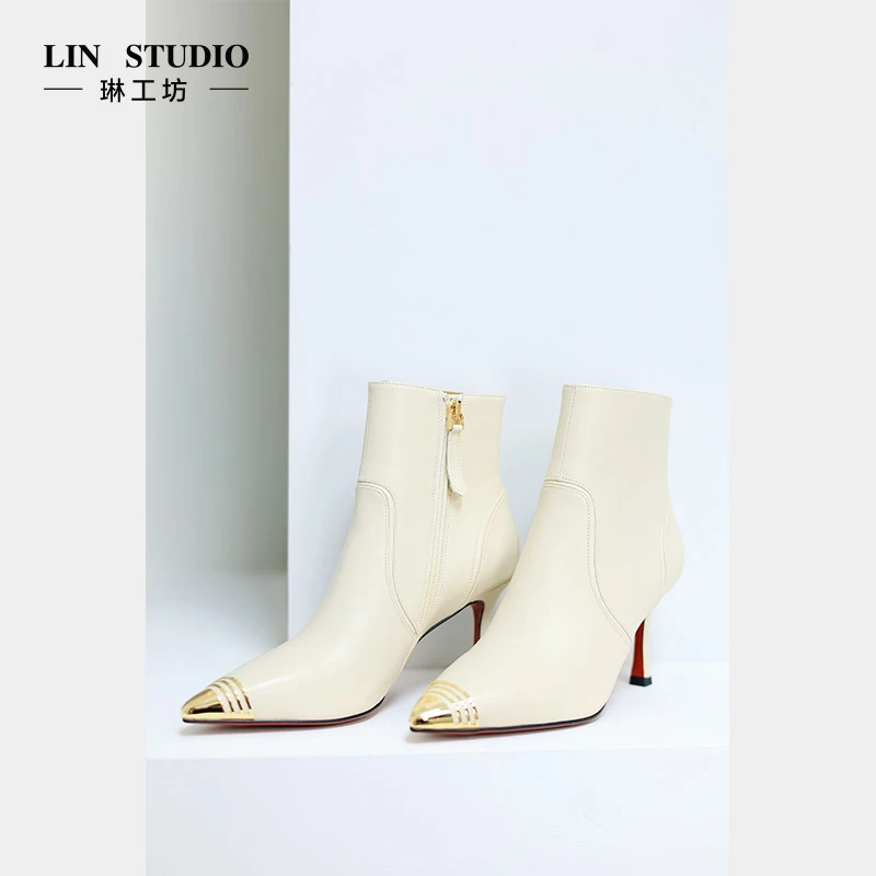 【微瑕疵7折 不退换】琳工坊碧秋白色尖头高跟短靴唐琳设计师