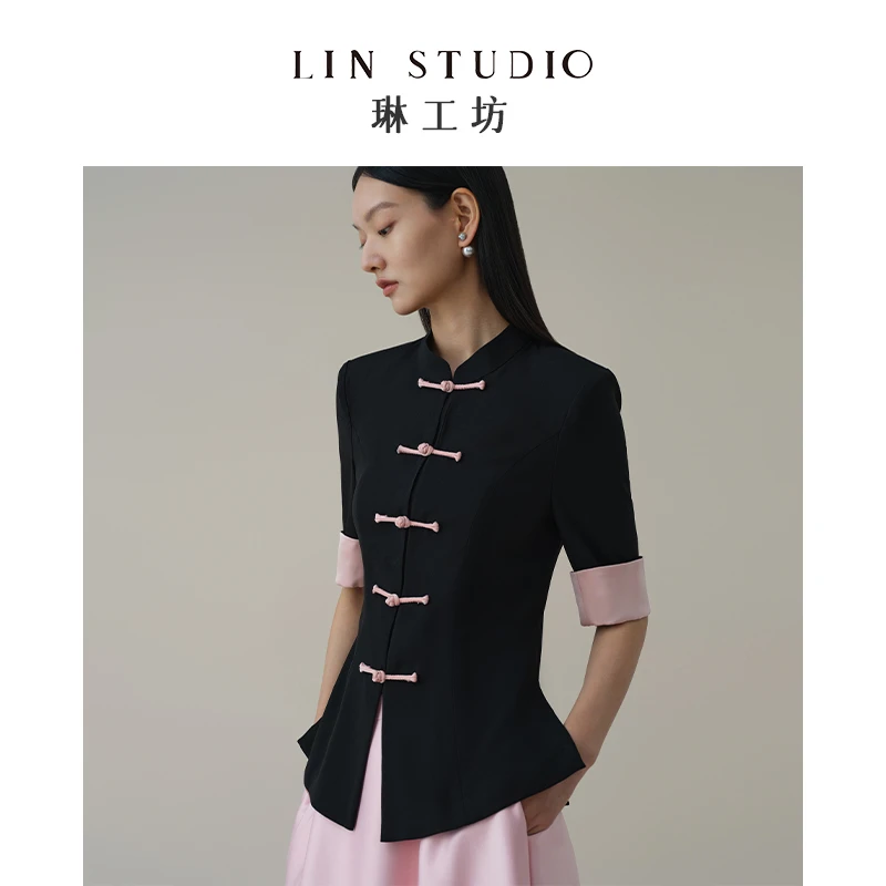 【醋酸】琳工坊春寥黑拼粉衬衫新中式时尚复古气质唐琳设计师