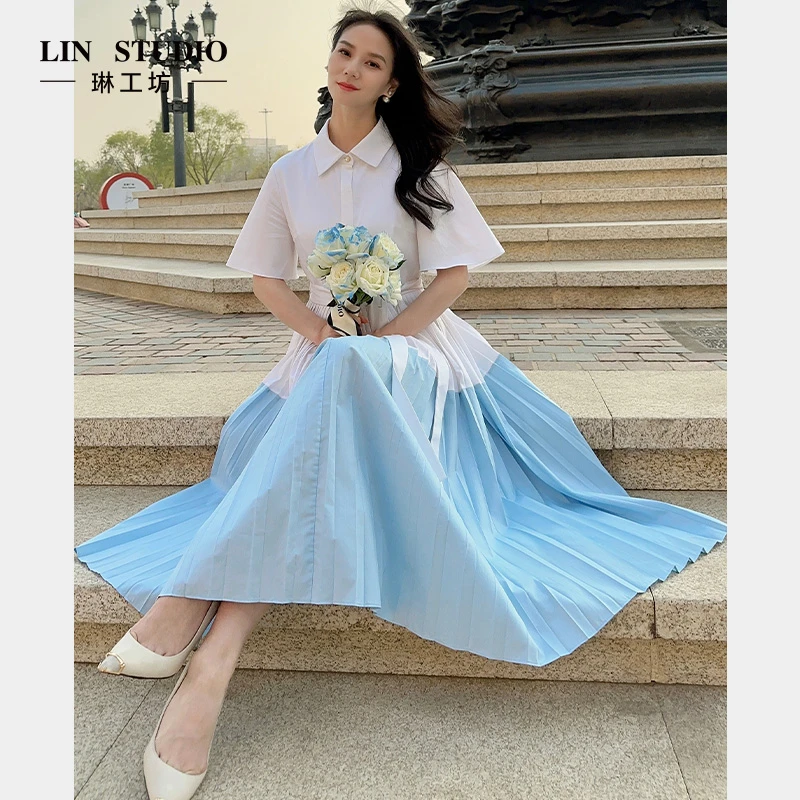 琳工坊荷风压褶拼色连衣裙时尚优雅气质高档减龄夏季唐琳设计师