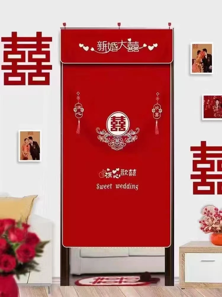 设计多用现货红色网纱双层便捷喜庆免打孔家用结婚房门挂帘