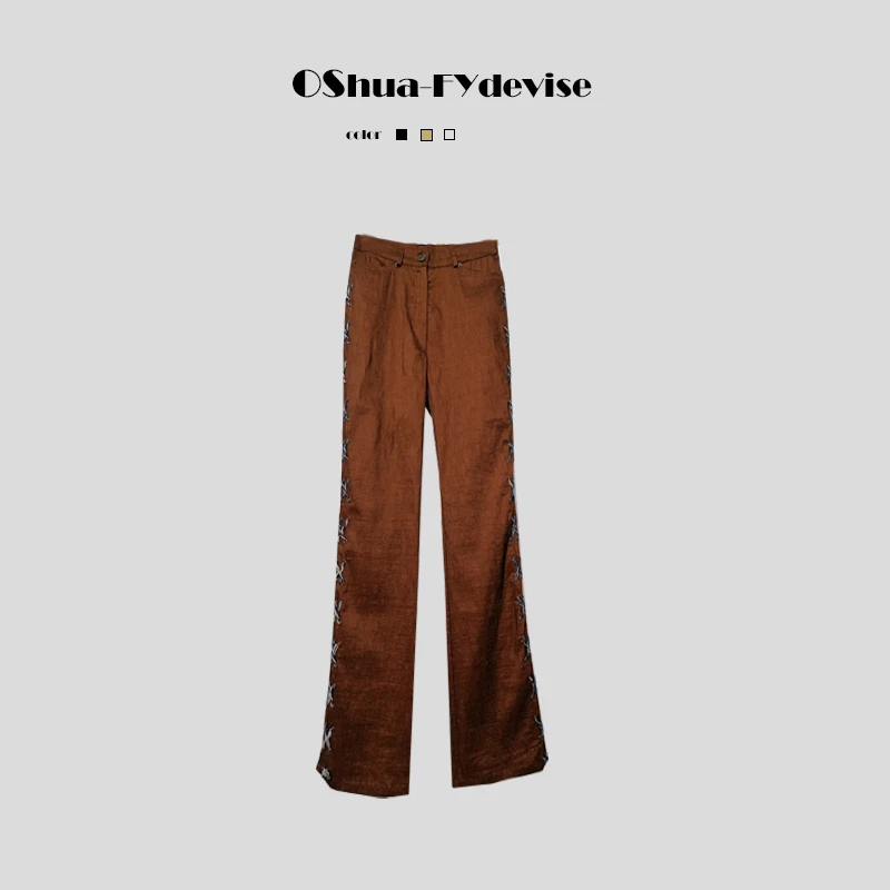 Oshua.FYdevise 罗马之星 品牌小众微喇裤女休闲气质穿绳女士长裤