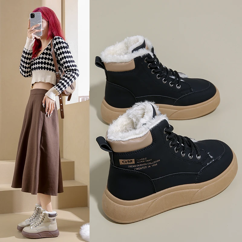 2024冬季马丁靴新款ins韩版高帮加绒女学生厚底休闲保暖防滑棉鞋