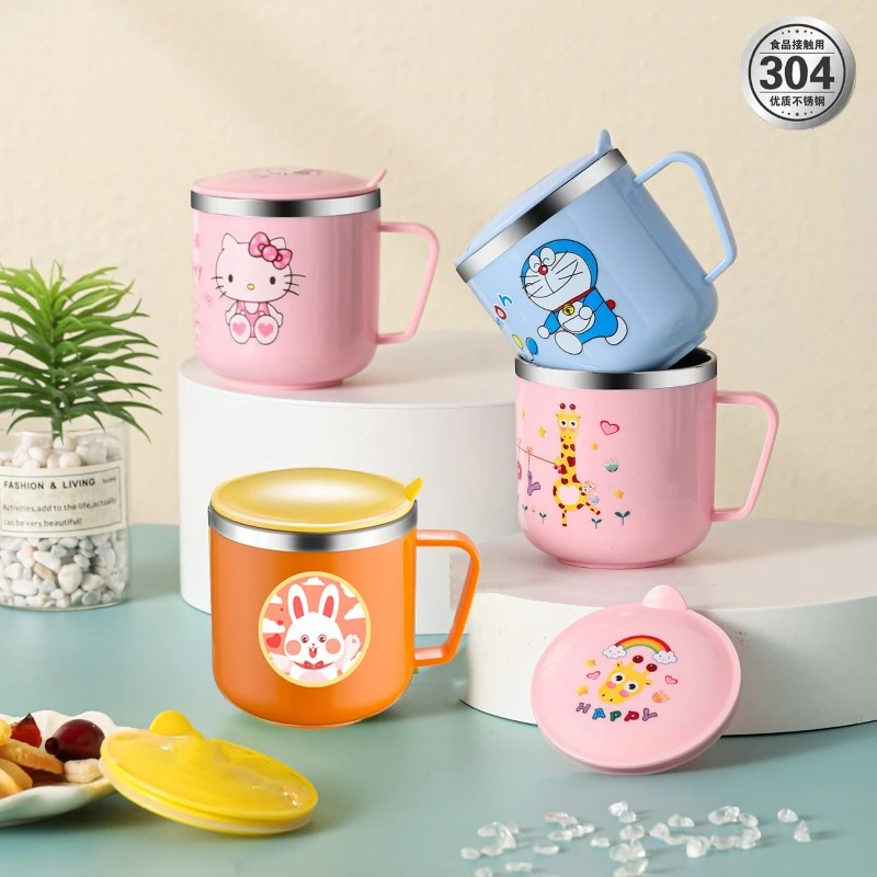 儿童水杯家用防摔316不锈钢带盖刻度口杯宝宝牛奶杯幼儿园喝水杯