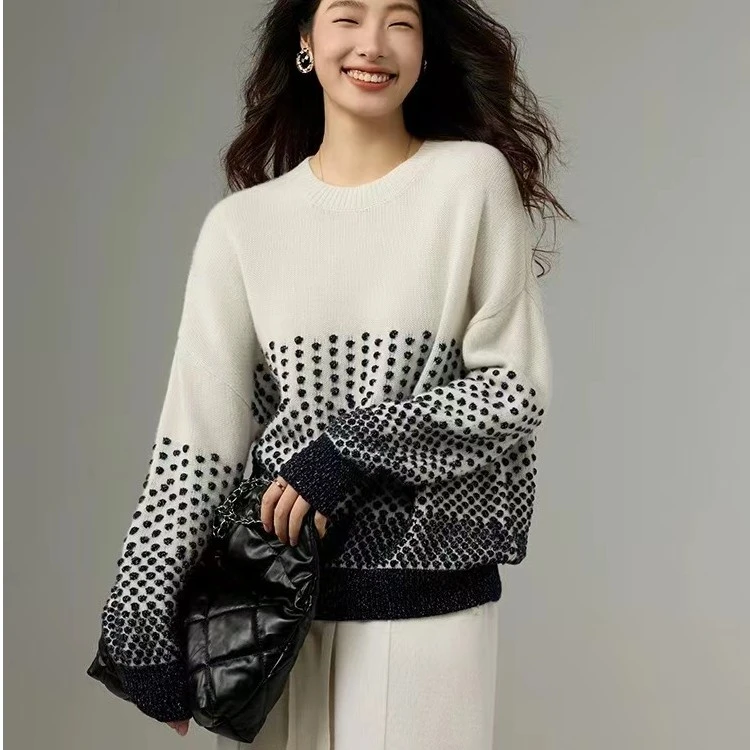 【卡诗米羊绒】23477-[100山羊绒]潮牌时尚女款针织宽松长袖上衣