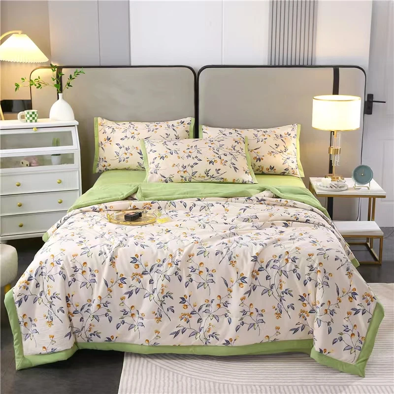 新疆包邮金桔绿夏凉被子印花水洗双层纱空调被单被