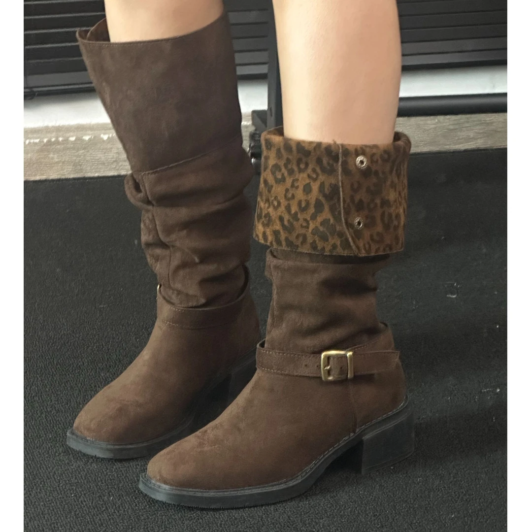 2024豹纹拼接长筒靴