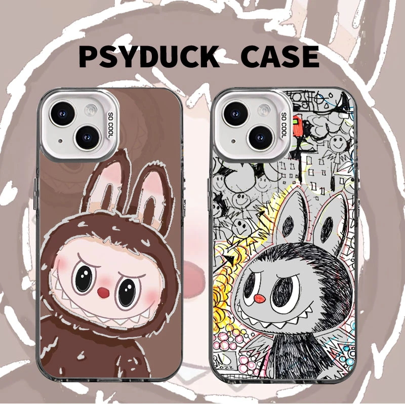 适用苹果iPhone16华为一加镂空棕拉布布彩银白底动漫防摔手机壳