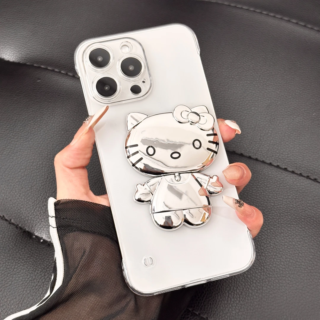 无边框PC硬壳适用苹果13/iphone14/15电镀凯蒂猫支架防摔手机壳