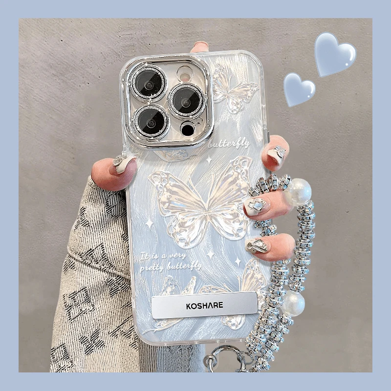 金属蝴蝶适用苹果vivo华为oppo小米iPhone15精孔全包羽纱纹壳ins