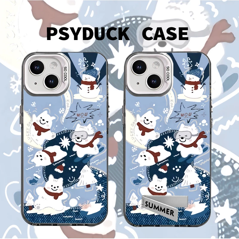 适用苹果华为一加iQOO小米滑雪小狗镂空彩银白底动漫防摔手机壳