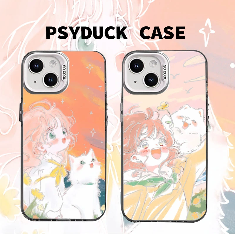 适用苹果15华为一加iQ小米小猫全包彩银白底卡通动漫防摔手机壳