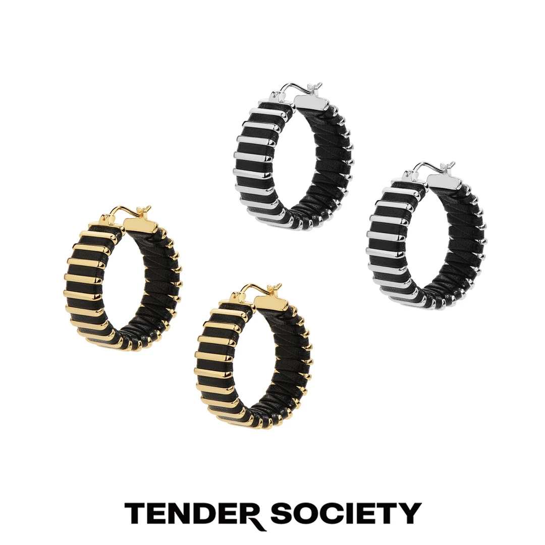 tender society 铜合金皮质耳饰 Catena系列皮横条纹耳圈金/银色