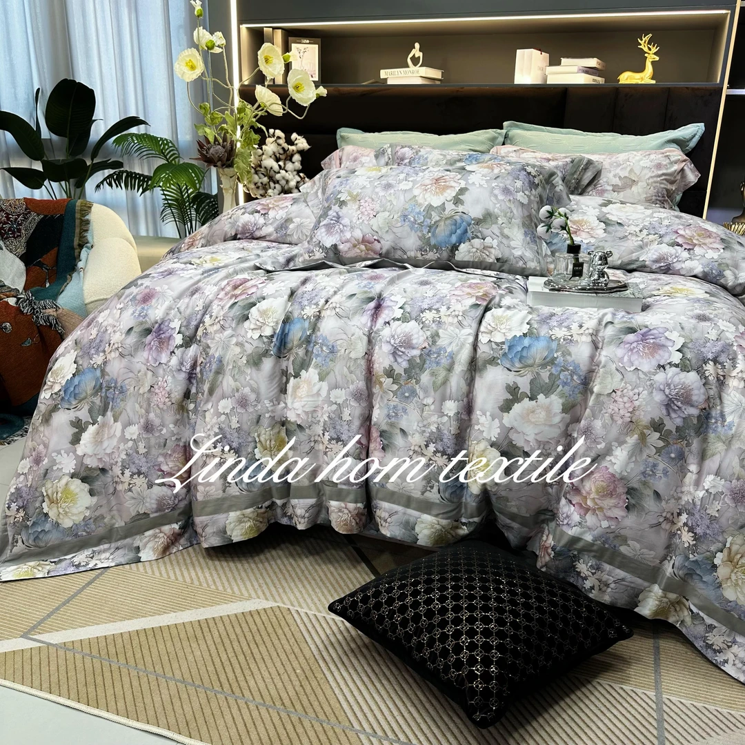 LD【清平调】高端别墅设计师手绘印花家纺定制中欧式床单床盖四件套