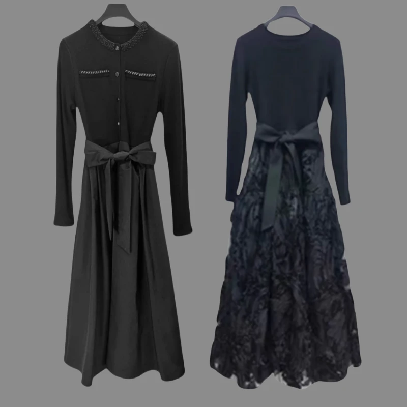 秋季高端轻奢女装时尚优雅气质黑色显瘦连衣裙