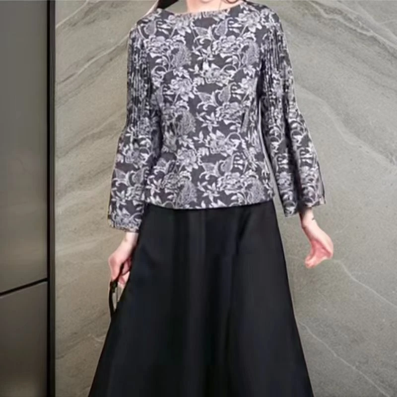 2023长袖百搭气质印花复古时尚设计感宽松休闲衬衫上衣233Z0566
