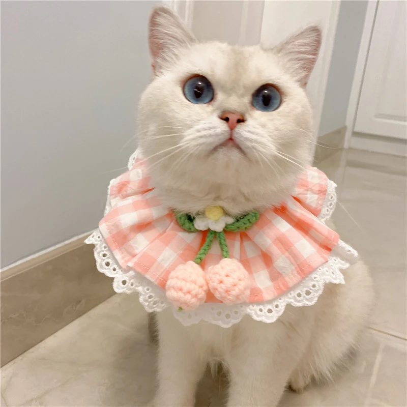 宠物格子围巾围脖猫咪草莓樱桃项圈公主蕾丝狗狗口水巾凹造型拍照