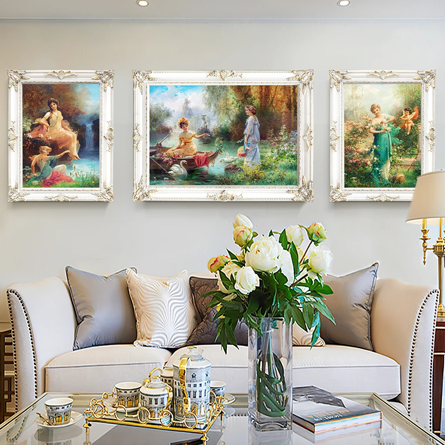 客厅装饰画简欧沙发背景墙壁画欧式人物宫廷三联油画饮酒子知也怀